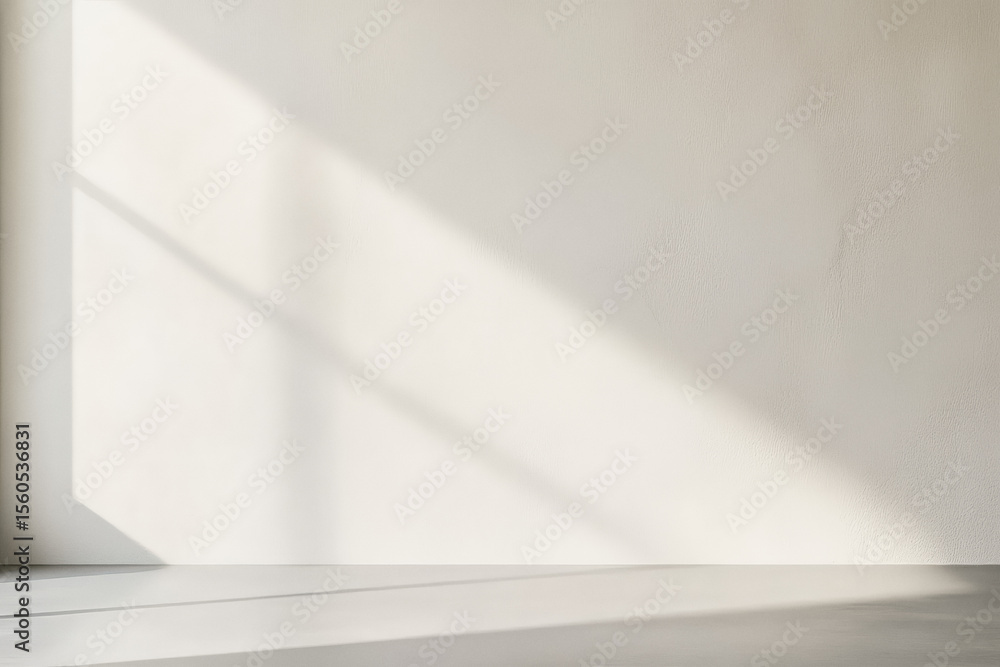 Poster sunlight streams through a window, casting dramatic shadows across a minimalist room with textured w