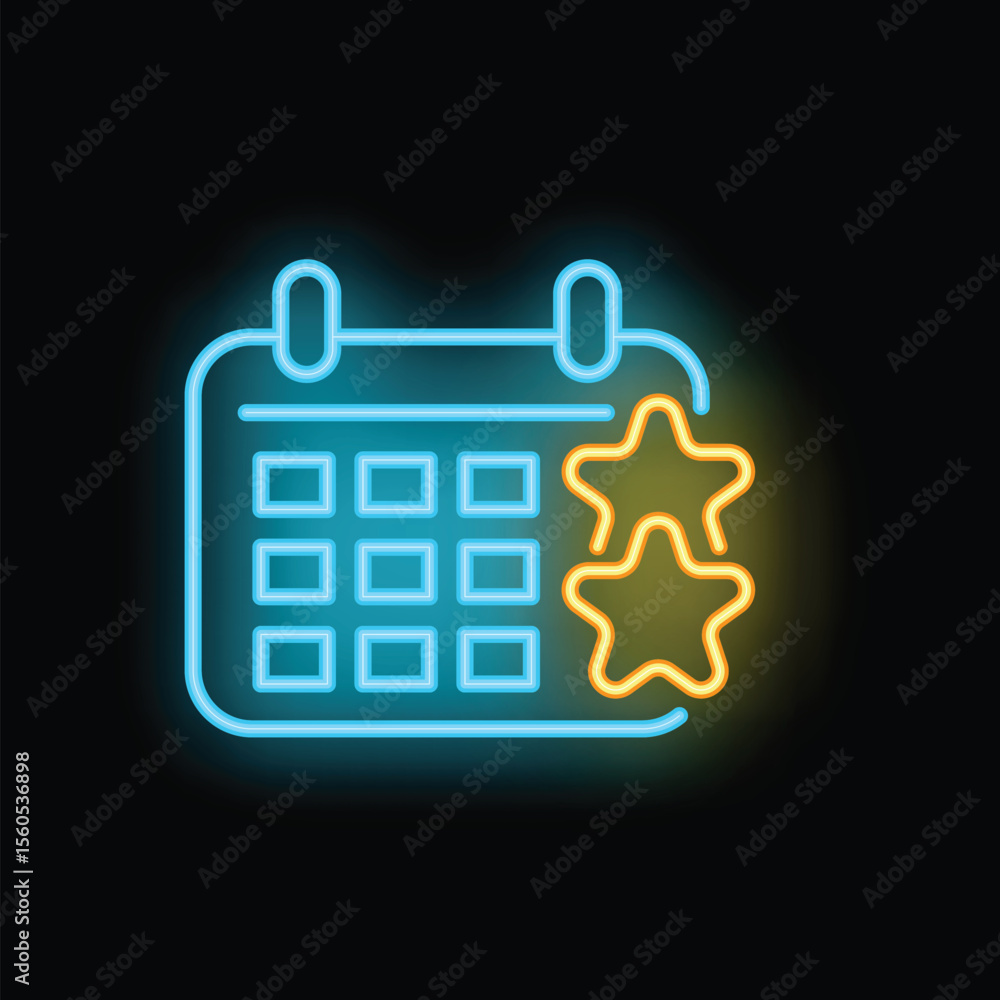 Poster neon calendar icon showing stars representing important dates on black background