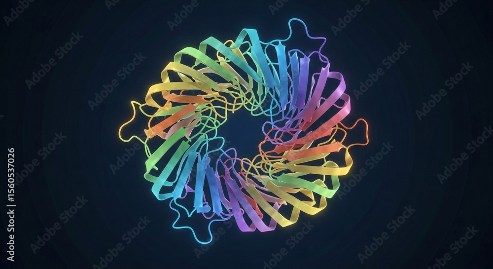 Poster colorful molecular structure with ribbon like strands forming a circular shape on dark background