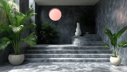 Modern interior featuring marbled walls, concrete steps, lush plants, and a statue under soft natural light