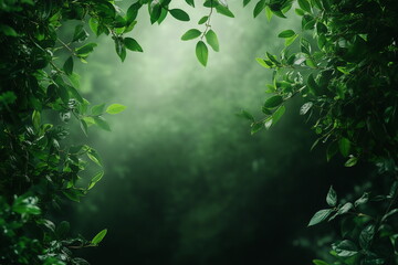 Lush green foliage framing a misty forest atmosphere at dawn