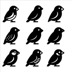Obraz premium Finch Icon Grid. Solid, filled icon set of finch species diversity: zebra finch, society finch, Gouldian finch, spice finch,