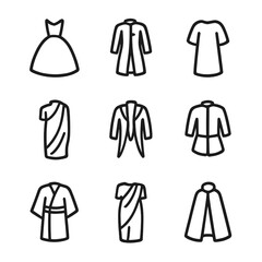 Silhouette Style Icons. Outline icon set of silhouette styles: ball gown outline, frock coat shape, tunic drape, toga wrap,