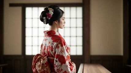 Elegant japanese woman in traditional kimono with flowers looking out window indoors