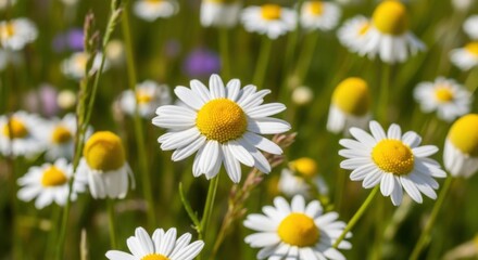 Fototapeta premium A Field of Delicate White Daisy Flowers Blooms Under a Sunny Sky