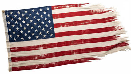 A distressed american flag with frayed edges isolated on transparent background