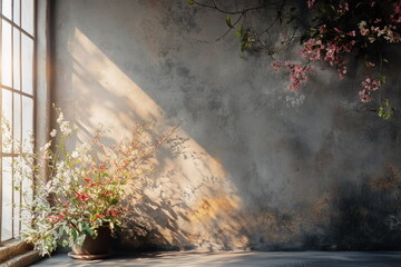 Light streams through a window illuminating a flower arrangement in a rustic interior space during the afternoon
