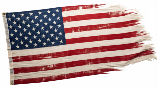A distressed american flag with frayed edges isolated on transparent background