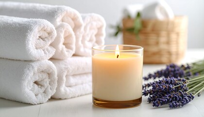 Relaxing spa scene featuring soft white towels, a glowing candle, and fragrant lavender on a bright surface.