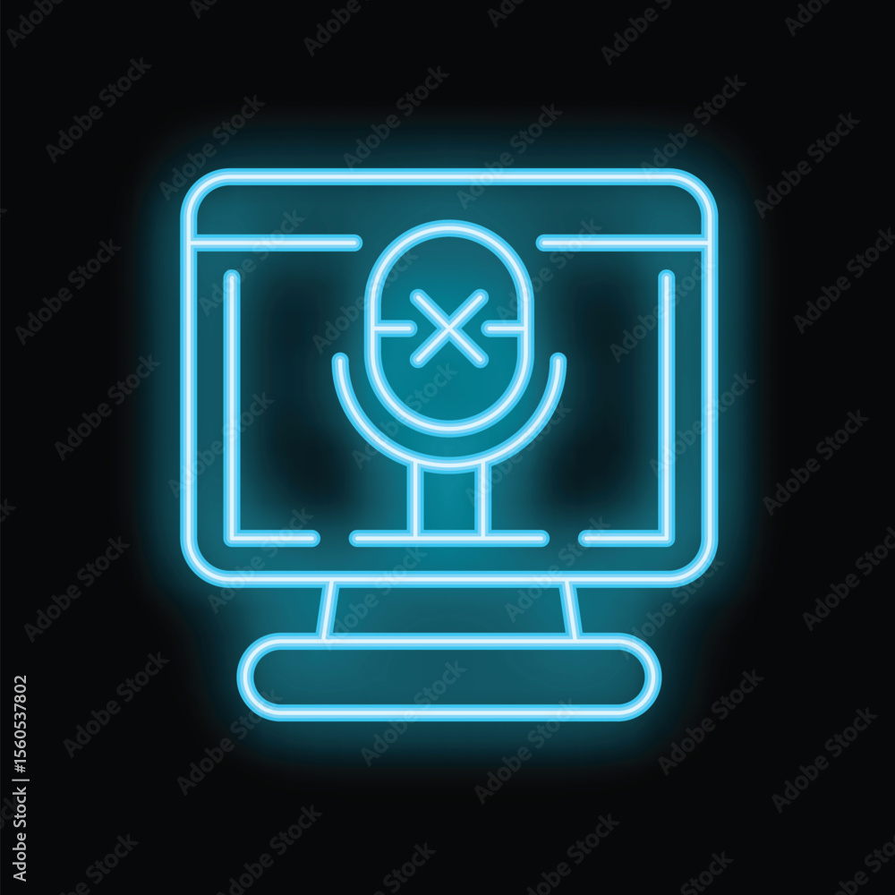 Poster glowing blue neon icon of a microphone with a cross over it, displayed on a computer screen, indicat