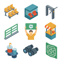 Football Stadium Icons. Isometric Flat icon set of football field spectator area: bleacher seating, VIP box, turnstile gate,