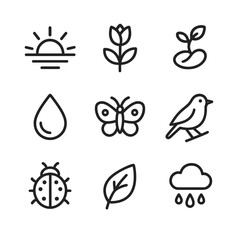 Spring Awakening Icons. Outline icon set of spring awakening: sunrise, budding flower, sprouting seed, dew drop, butterfly, robin,