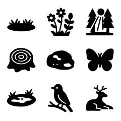 Forest Icons Collection. Solid, filled icon set of forest glade: grassy clearing, wildflowers, tree ring, sunbeam through trees,
