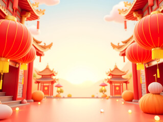 3D rendering of Chinese style lantern creative display stand, Lunar New Year and Spring Festival festival scene illustrations