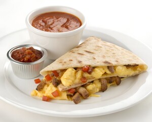 Single Breakfast Quesadilla Slice with Spicy Sauce on White Background