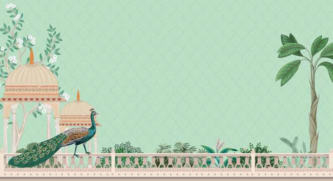 Traditional Mughal garden arch, peacock palace illustration frame for wedding invitation