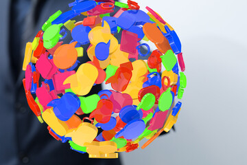 Abstract 3D rendering of colorful speech bubbles forming a globe, symbolizing global communication...