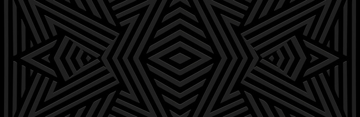 Banner, stylish cover design, wallpaper. Geometric ethnic linear pattern on a black background, embossing. 3D relief ornaments, arabesques, mandala, fresco, painting of the East, Asia, India, Mexico.