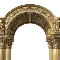 Elaborate golden archway with ornate carvings and classical columns isolated on white background