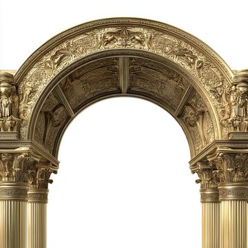 Fototapeta Elaborate golden archway with ornate carvings and classical columns isolated on white background