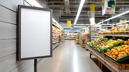 Blank sign hanging in a supermarket aisle with fresh produce displayed