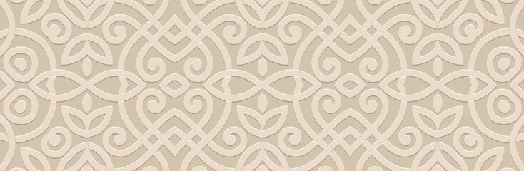 Banner, vintage cover design, wallpaper. Geometric ethnic pattern on beige background, embossing. 3D relief ornaments, arabesques, mandala, fresco, painting of the East, Asia, India, Mexico, Aztec.