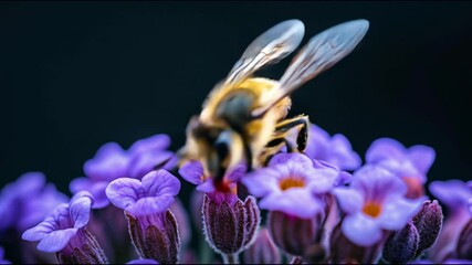 A bee collects nectar from bright purple flowers against a dark blurred background. - Powered by Adobe