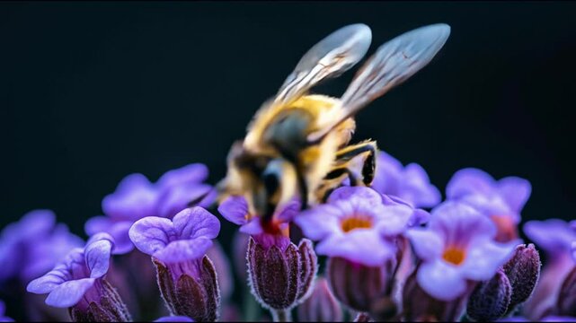 A bee collects nectar from bright purple flowers against a dark blurred background.