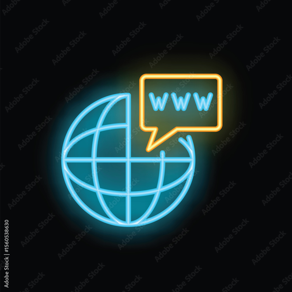 Poster glowing neon line art icon of a www speech bubble connecting to a world globe, symbolizing global we