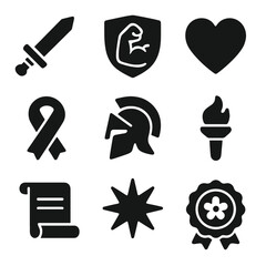 Gladiolus Symbolism Icons. Solid, filled icon set of gladiolus symbolism: sword icon, strength emblem, remembrance heart, honor