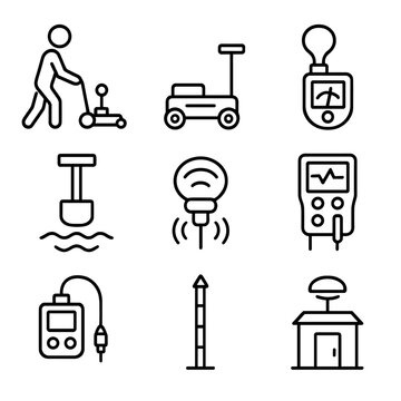 Geophysical Tools Icons. Outline icon set of geophysical survey methods: magnetometer, ground-penetrating radar, gravimeter,