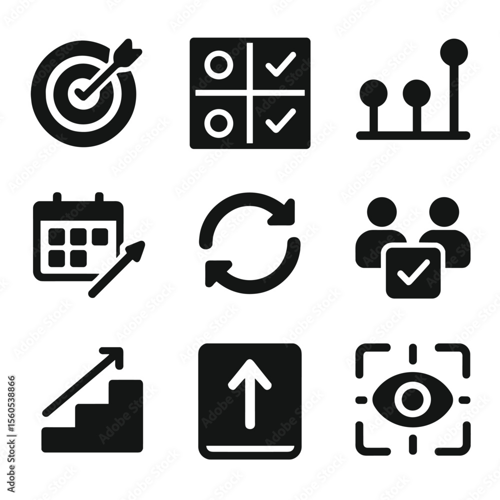 Poster goal-setting icon set. solid, filled icon set of goal-setting frameworks: smart goals, okr grid, mil