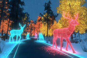 Illuminated wireframe deer traverse a snow-lined road through glowing autumn trees beneath a starry night sky