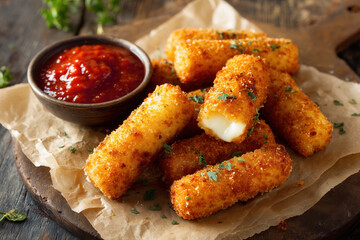 mozzarella sticks with ramekin of marinara sauce, arranged on parchment paper over stone-textured surface