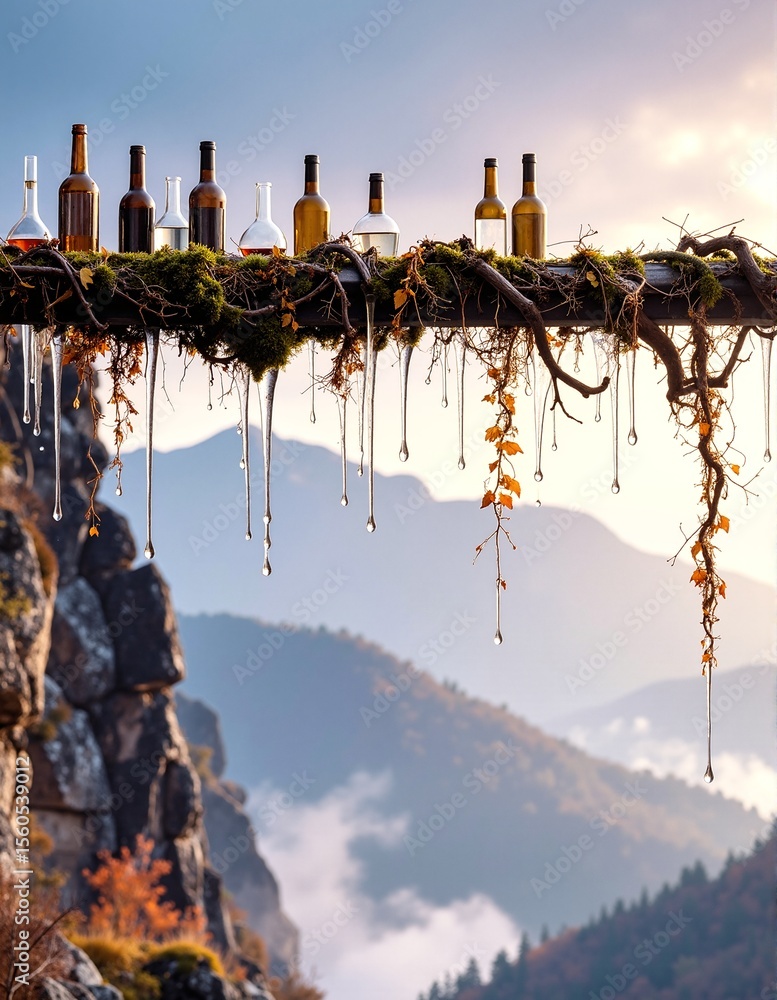 Poster a cluster of colorful glass bottles dangles from tree branches, swaying gently in the breeze, reflec