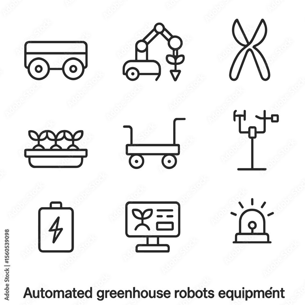 Poster greenhouse robotics icons. outline icon set of automated greenhouse robots: mobile robot, planting a