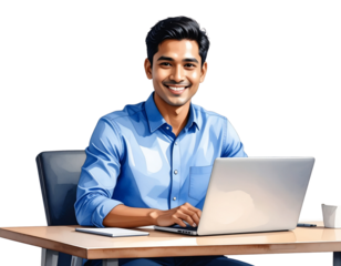 Businessman sitting at desk transparent background