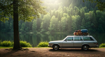 Fototapeta premium Vintage car loaded with luggage parked beside a serene lake surrounded by lush green forest landscape.