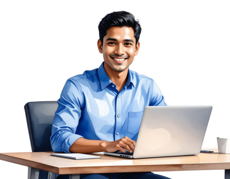 Businessman sitting at desk transparent background