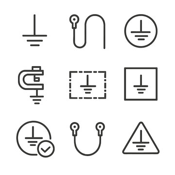 Grounding Symbol Icons. Outline icon set of Grounding and Bonding Symbols: ground rod, grounding cable, earth symbol, clamp