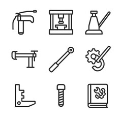 Obraz premium Track Tools Icons. Outline icon set of track service & maintenance tools: grease gun, track press, hydraulic jack, pin removal
