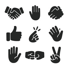 Obraz premium Handshake Gesture Icons. Solid, filled icon set of handshake gestures: firm grip, palm open, clasped hands, thumb up, finger snap,