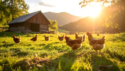 Free-range chickens peck at grass in a sunny field with a rustic wooden coop, glowing in golden hour light. Natural farming atmosphere.