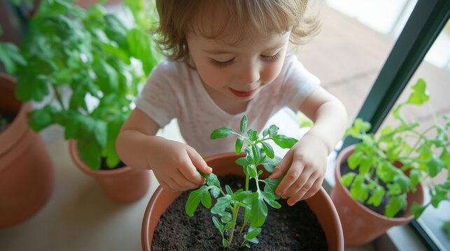 Child nurtures a tomato plant while gardening indoors, showcasing tiny hands and a serene atmosphere filled with earthy tones