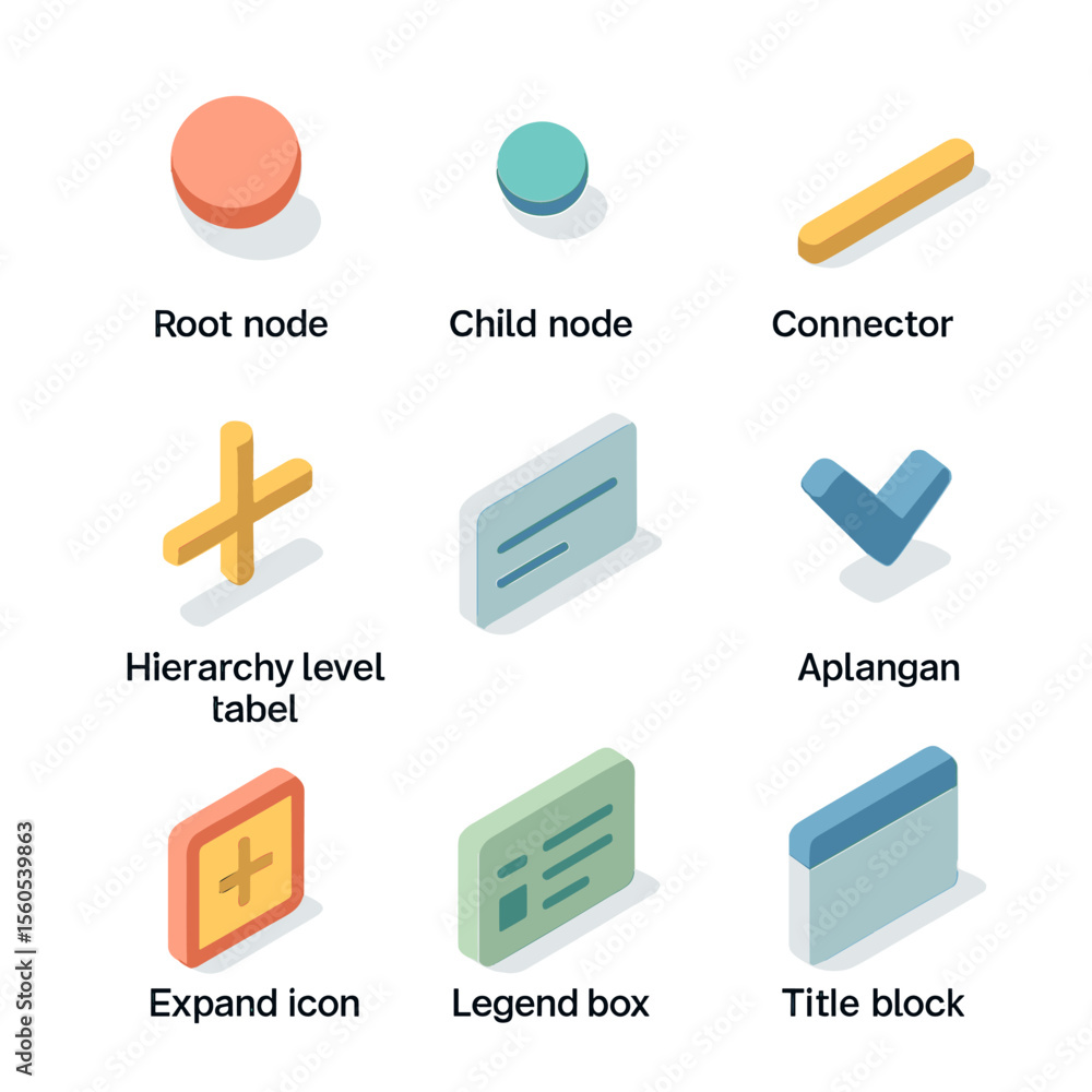 Poster hierarchy chart icons. isometric flat icon set of information hierarchy charts: root node, child nod