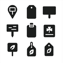 Herb Identification Icons. Solid, filled icon set of herb identification labels: basil marker, mint tag, chalkboard sign, engraved