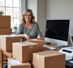 A small business owner carefully packing boxes and printing shipping labels for e-commerce orders at home.