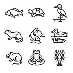 Urban Aquatic Icons. Outline icon set of aquatic fauna in city waterways: canal carp, river turtle, dock heron, urban otter, koi