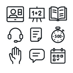 Virtual Study Icons. Outline icon set of virtual study session essentials: video chat window, shared whiteboard, digital textbook,