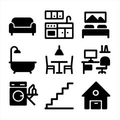 Home Rooms Icon Set. Solid, filled icon set of home rooms: living room, kitchen, bedroom, bathroom, dining room, home office,